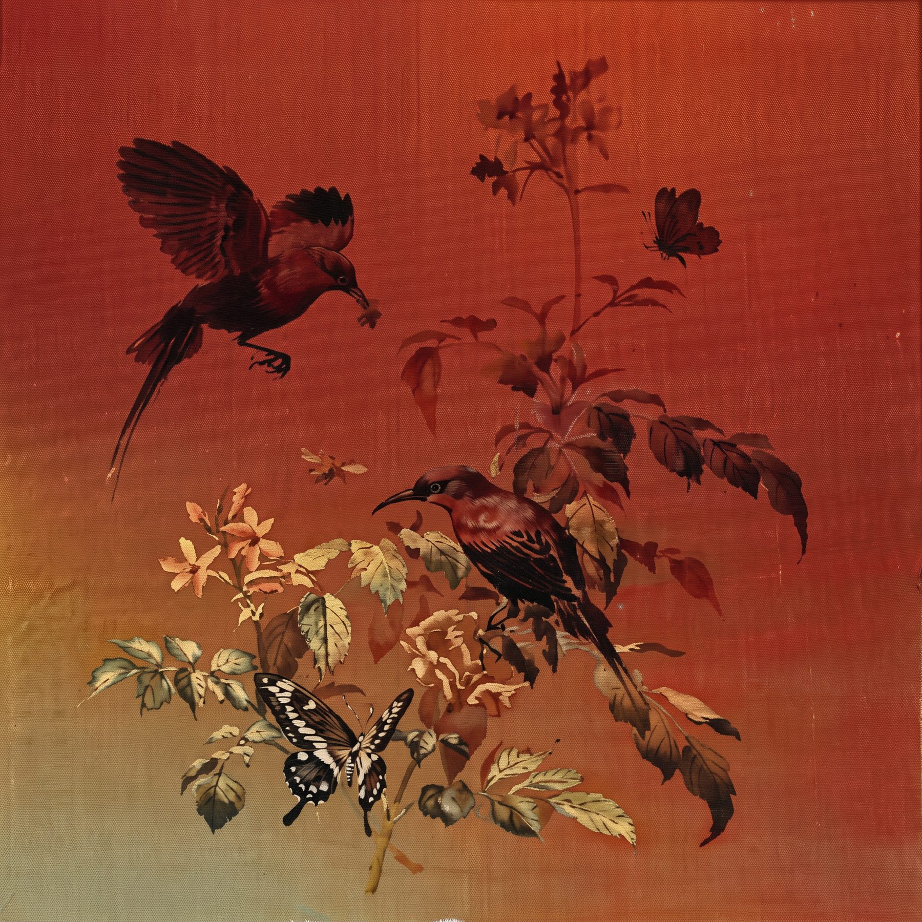 Gerahmtes Kunstpanel aus dem Laden: fliegender Vogel, blühender Zweig und Schmetterling